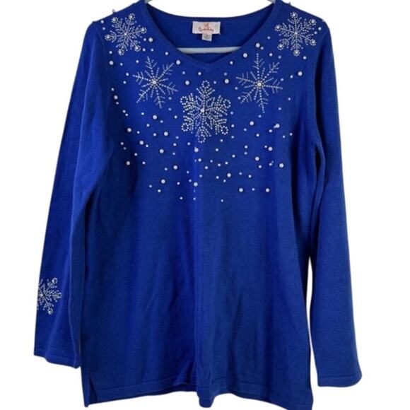 Quacker Factory Royal Blue Silver Snowflake Christmas Holiday Long Sleeve Top M - Picture 1 of 9